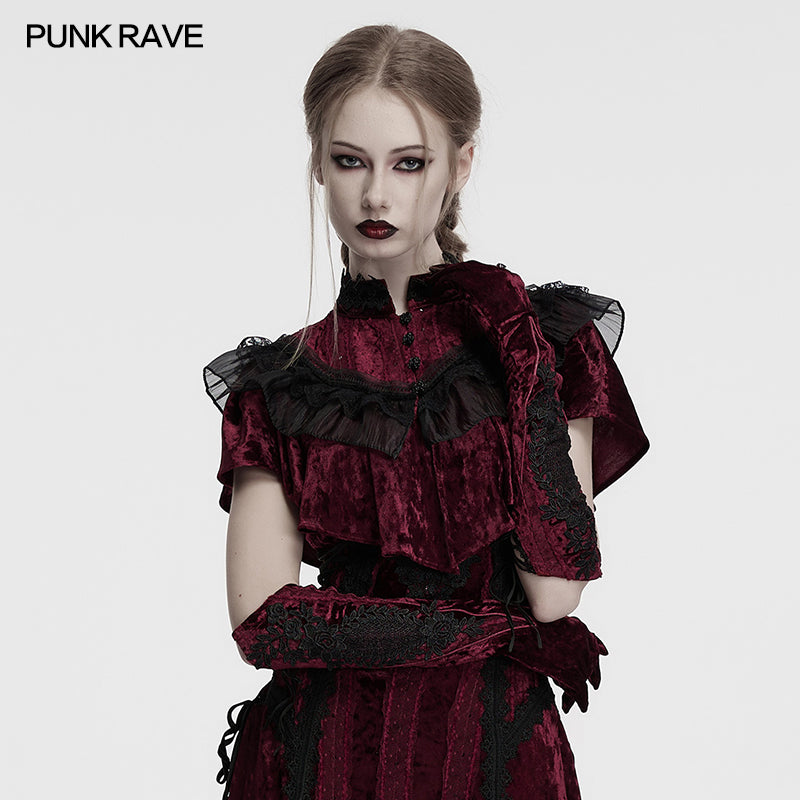 Punk Rave Selene Crimson Velvet Embroidered Gothic Evening Gloves