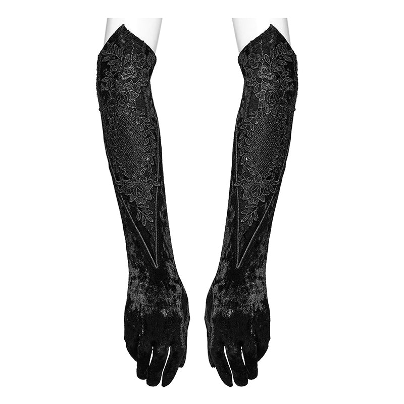 Punk Rave Selene Black Velvet Embroidered Gothic Gloves with Pointed Cuffs