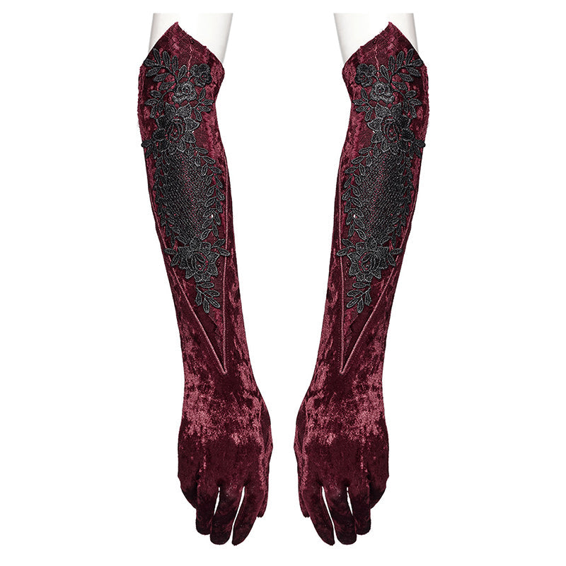 Punk Rave Selene Crimson Velvet Embroidered Gothic Evening Gloves