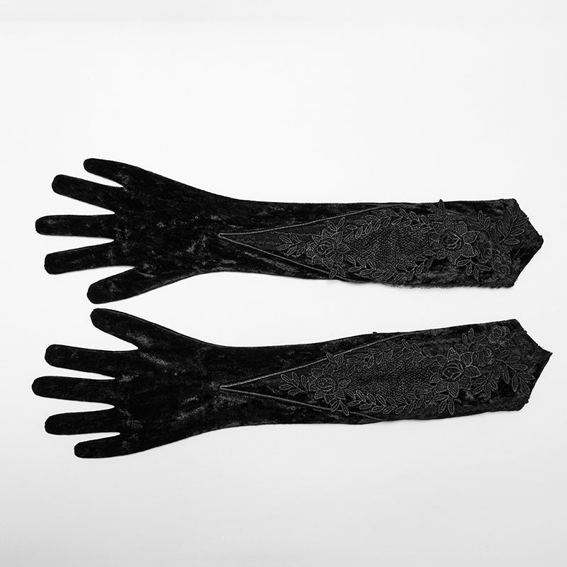 Punk Rave Selene Black Velvet Embroidered Gothic Gloves with Pointed Cuffs