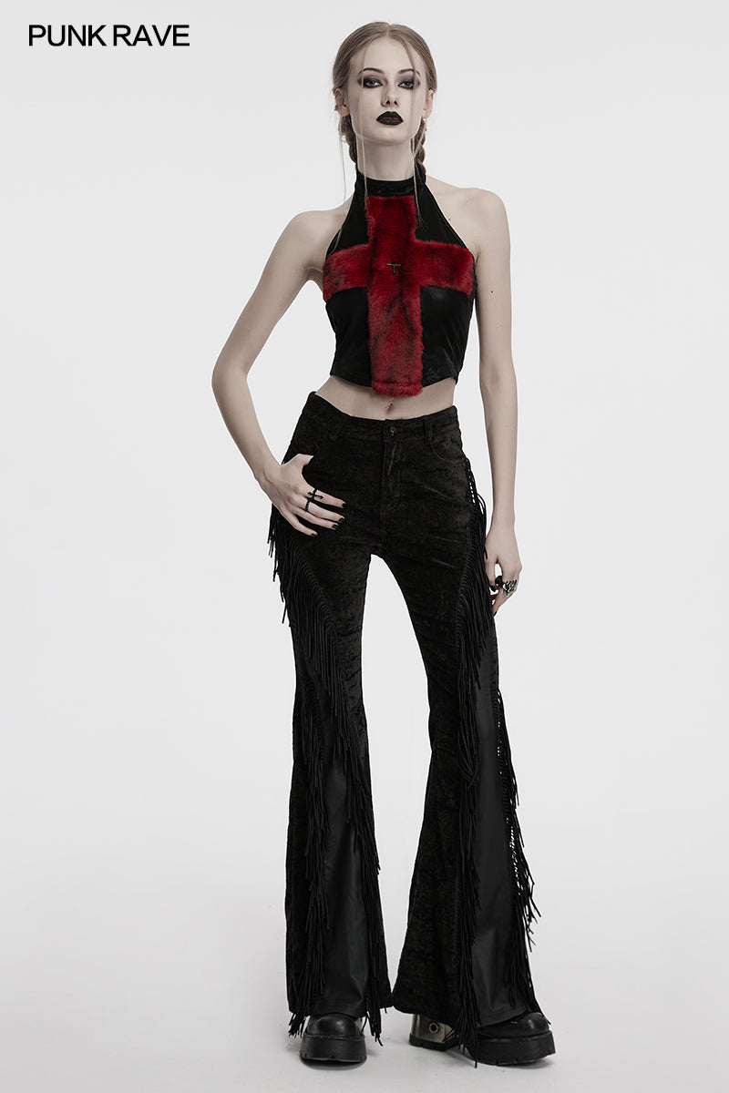 Punk Rave Valora Crimson Cross Faux Fur Halter Top - Gothic Style