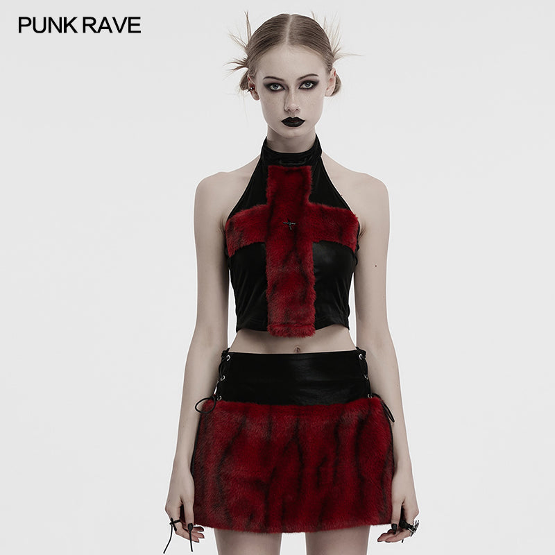 Punk Rave Valora Crimson Cross Faux Fur Halter Top - Gothic Style