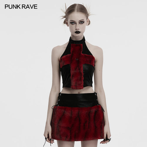 Punk Rave Valora Crimson Cross Faux Fur Halter Top - Gothic Style