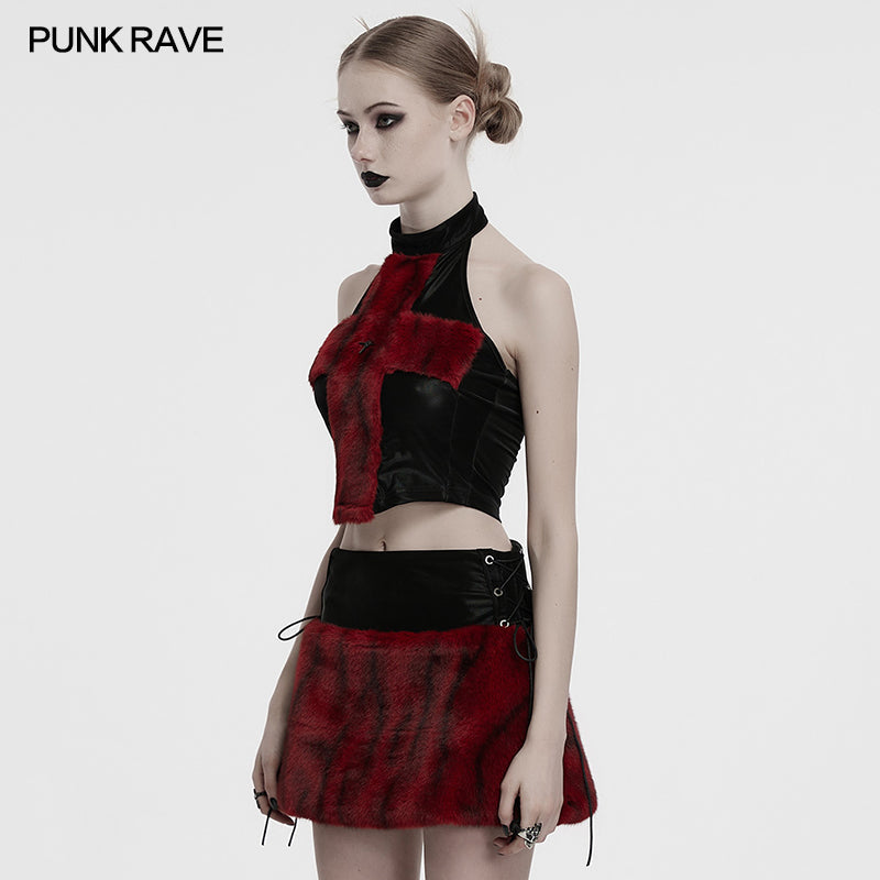 Punk Rave Valora Crimson Cross Faux Fur Halter Top - Gothic Style