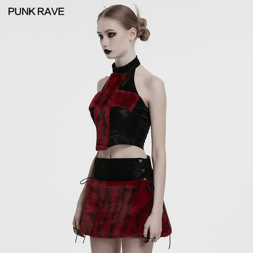 Punk Rave Valora Crimson Cross Faux Fur Halter Top - Gothic Style
