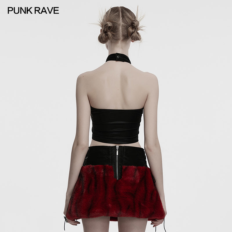 Punk Rave Valora Crimson Cross Faux Fur Halter Top - Gothic Style