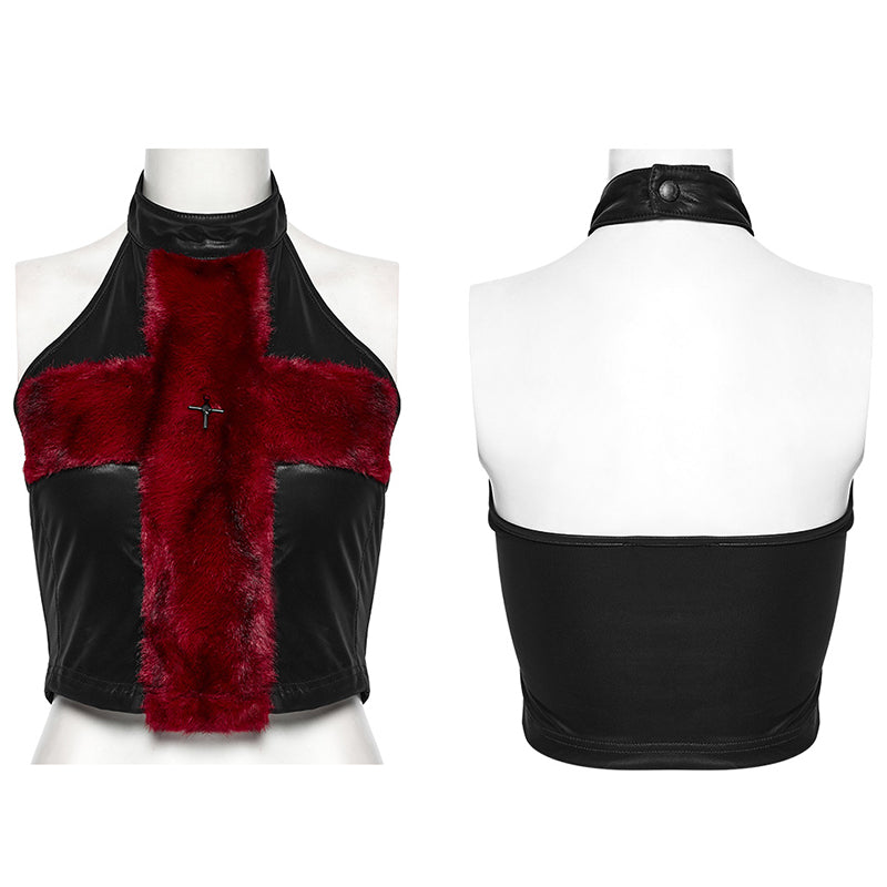 Punk Rave Valora Crimson Cross Faux Fur Halter Top - Gothic Style