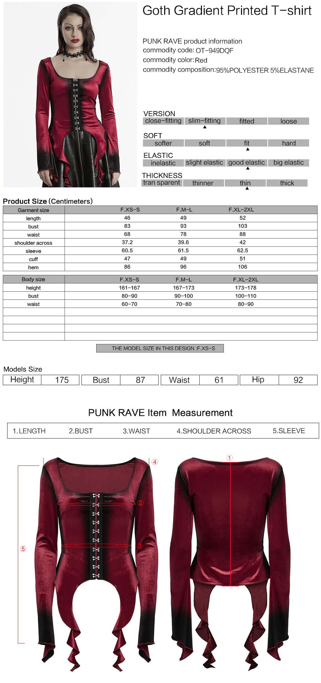 Punk Rave Leticia Burgundy Gradient Velvet Top with Feature Hooks