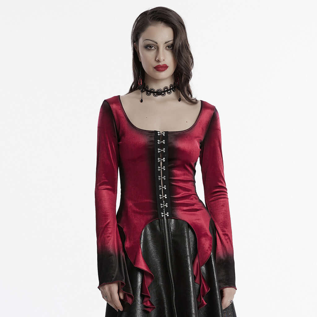 Punk Rave Leticia Burgundy Gradient Velvet Top with Feature Hooks