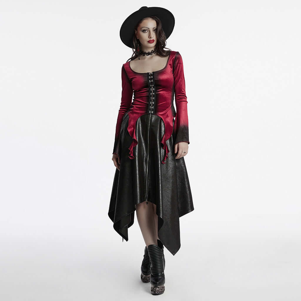 Punk Rave Leticia Burgundy Gradient Velvet Top with Feature Hooks