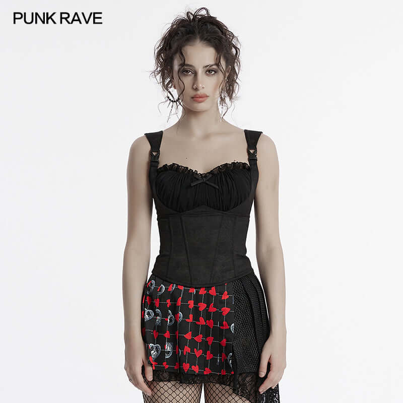 Punk Rave Gale Corset Cami – Rose Embossed Mesh Top with Buckles