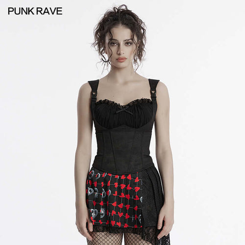 Punk Rave Gale Corset Cami – Rose Embossed Mesh Top with Buckles