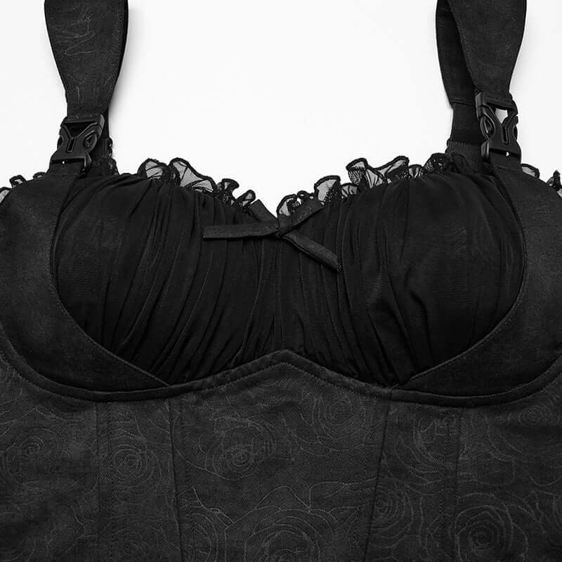Punk Rave Gale Corset Cami – Rose Embossed Mesh Top with Buckles