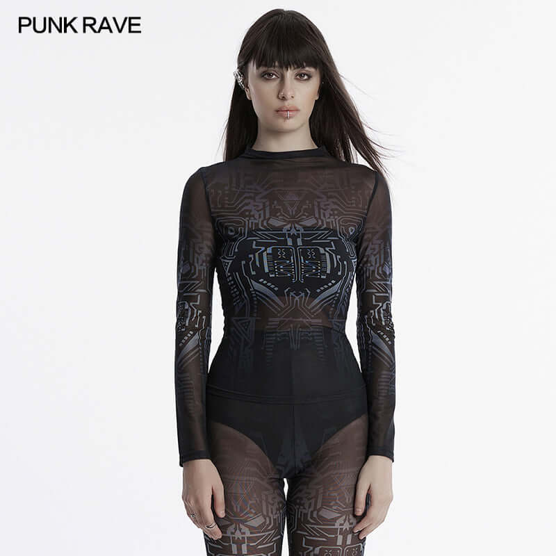 Punk Rave Eluana Cybergoth Mesh Top – Black Mechanical Skull Print