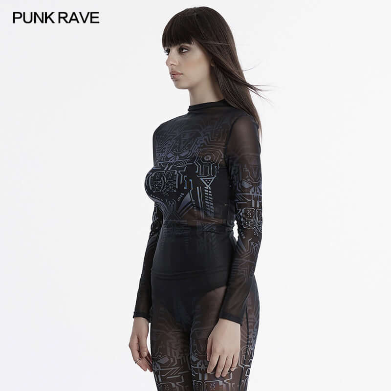 Punk Rave Eluana Cybergoth Mesh Top – Black Mechanical Skull Print