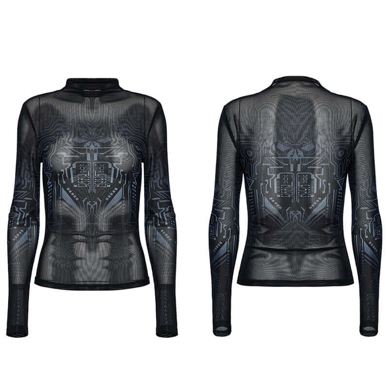 Punk Rave Eluana Cybergoth Mesh Top – Black Mechanical Skull Print
