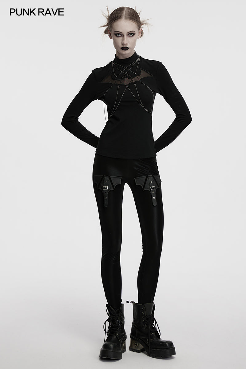 Punk Rave Morrigan Bat Chain Goth Top – Black Mesh Knit Blouse