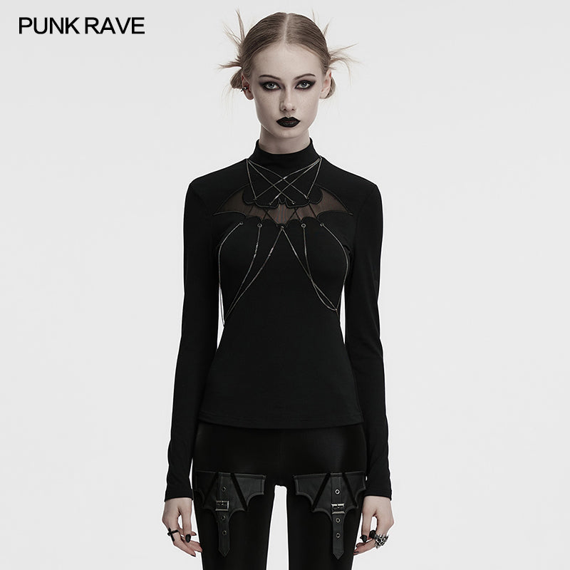 Punk Rave Morrigan Bat Chain Goth Top – Black Mesh Knit Blouse