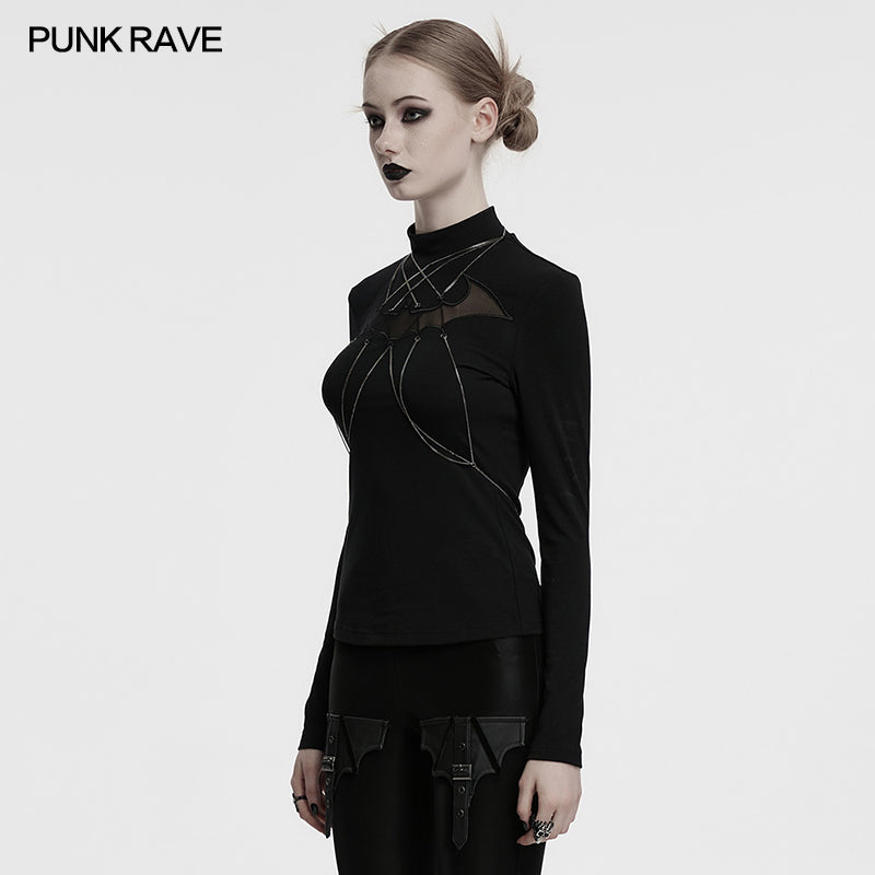 Punk Rave Morrigan Bat Chain Goth Top – Black Mesh Knit Blouse