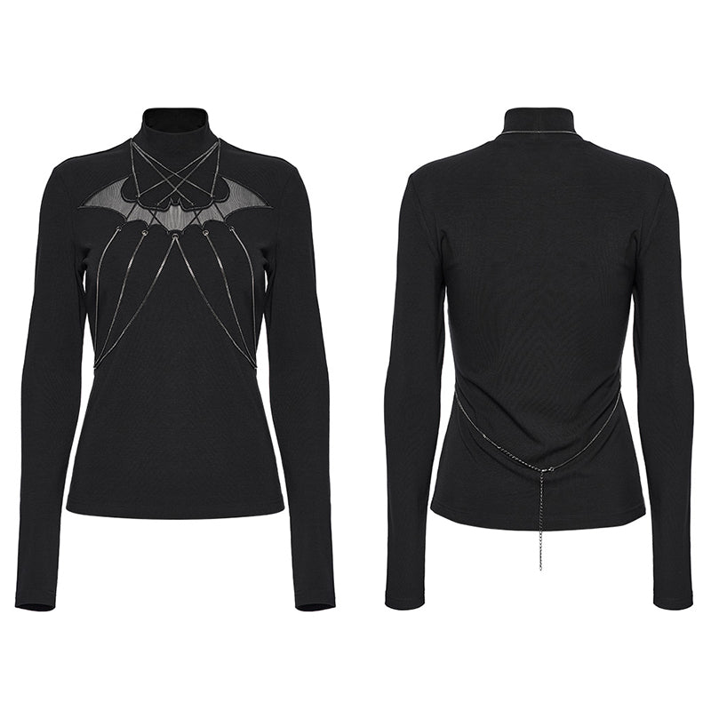 Punk Rave Morrigan Bat Chain Goth Top – Black Mesh Knit Blouse