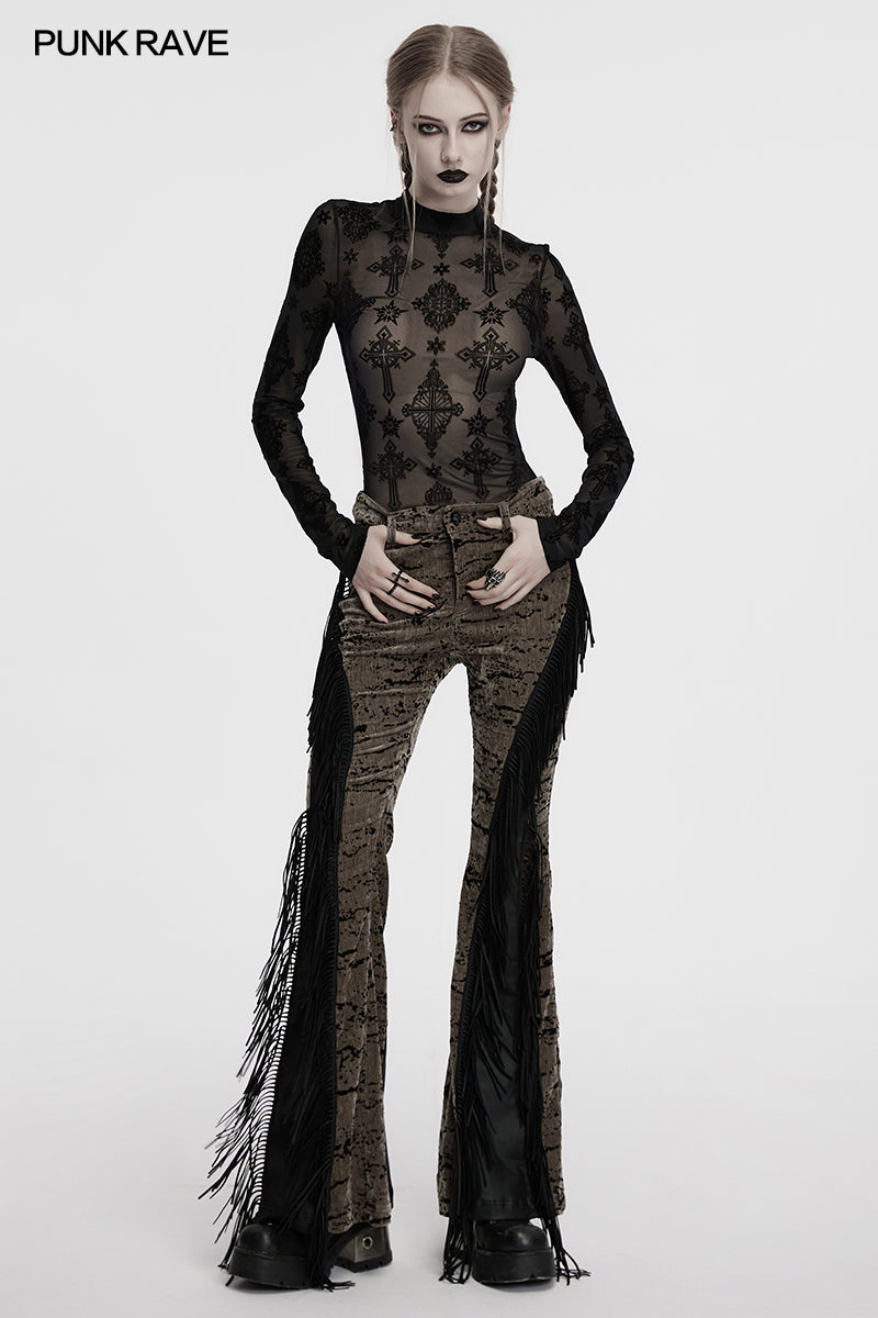 Punk Rave Ravena Cross Flocking Mesh Top – Gothic Sheer Long Sleeve