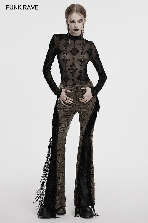 Punk Rave Ravena Cross Flocking Mesh Top – Gothic Sheer Long Sleeve