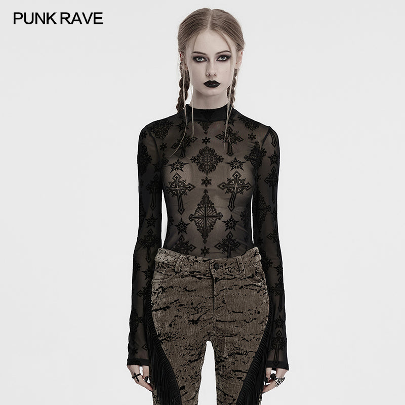 Punk Rave Ravena Cross Flocking Mesh Top – Gothic Sheer Long Sleeve