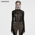 Punk Rave Ravena Cross Flocking Mesh Top – Gothic Sheer Long Sleeve