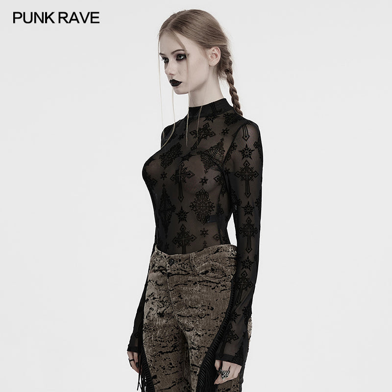 Punk Rave Ravena Cross Flocking Mesh Top – Gothic Sheer Long Sleeve
