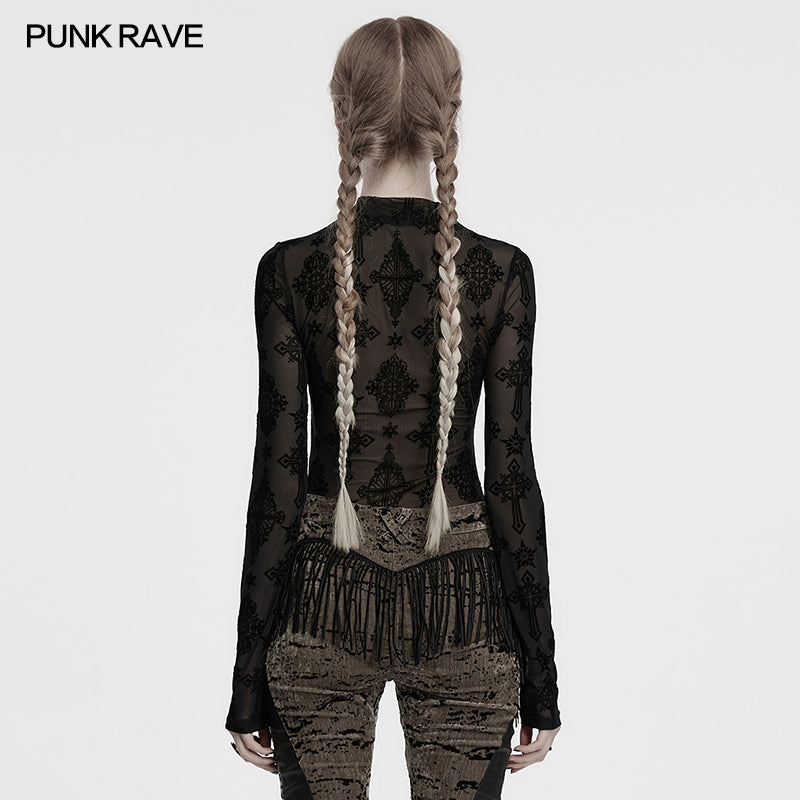 Punk Rave Ravena Cross Flocking Mesh Top – Gothic Sheer Long Sleeve