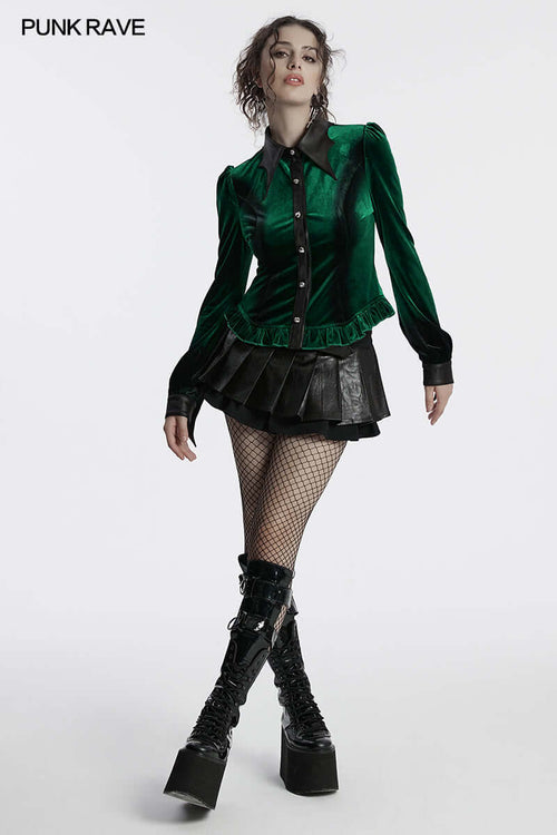 Punk Rave Fawn Gradient Printed Velvet Shirt in Green | Bat Collar