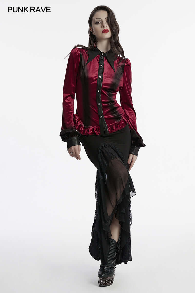 Punk Rave Fawn Gradient Printed Shirt | Red Velvet Ruffled Top