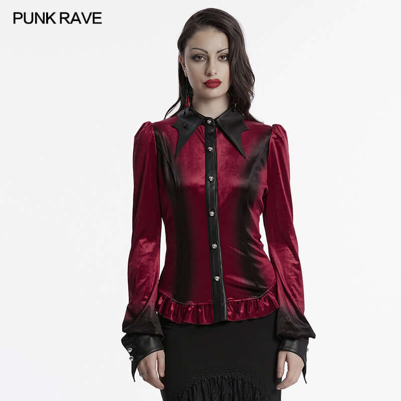 Punk Rave Fawn Gradient Printed Shirt | Red Velvet Ruffled Top
