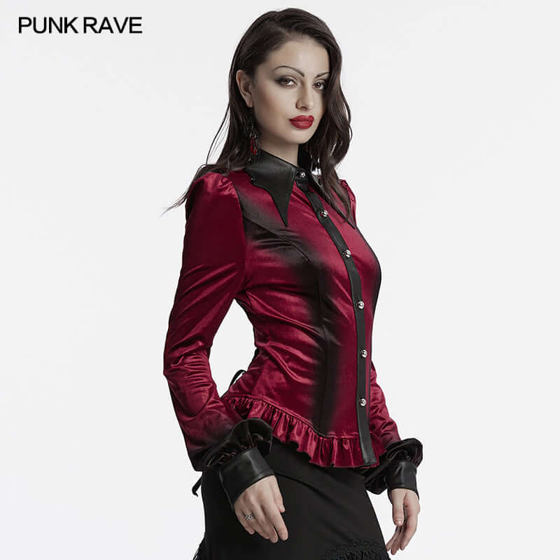 Punk Rave Fawn Gradient Printed Shirt | Red Velvet Ruffled Top