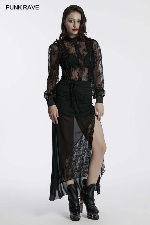 Punk Rave Padme Lace Transparent Shirt – Rose Mesh Stand Collar