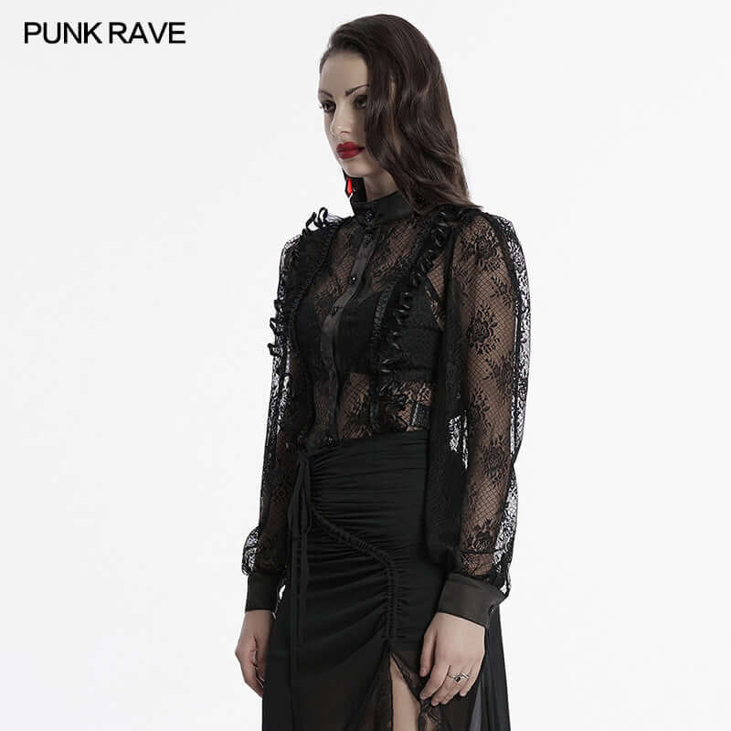 Punk Rave Padme Lace Transparent Shirt – Rose Mesh Stand Collar