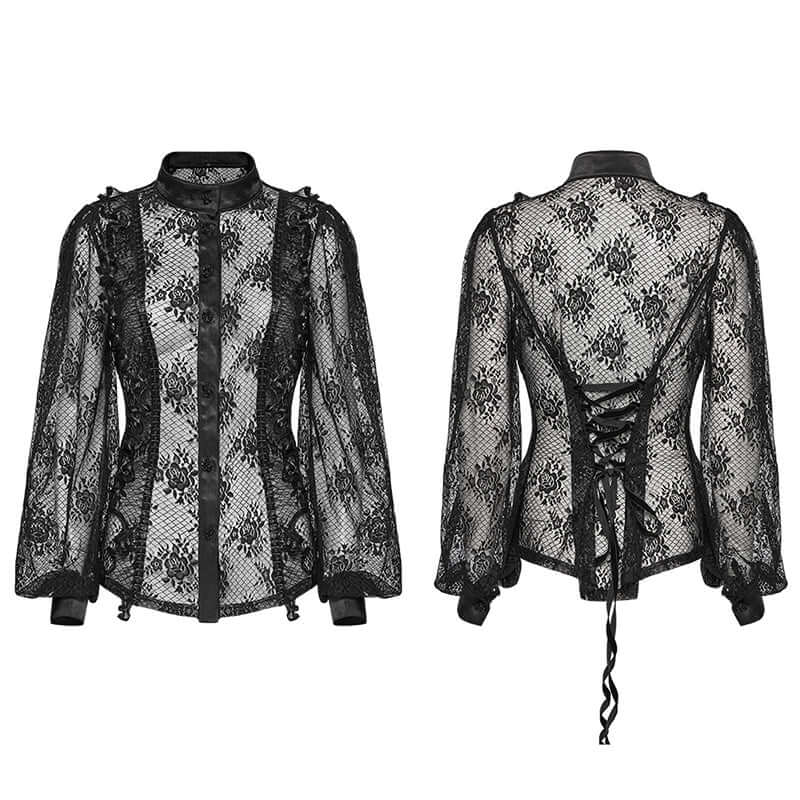 Punk Rave Padme Lace Transparent Shirt – Rose Mesh Stand Collar