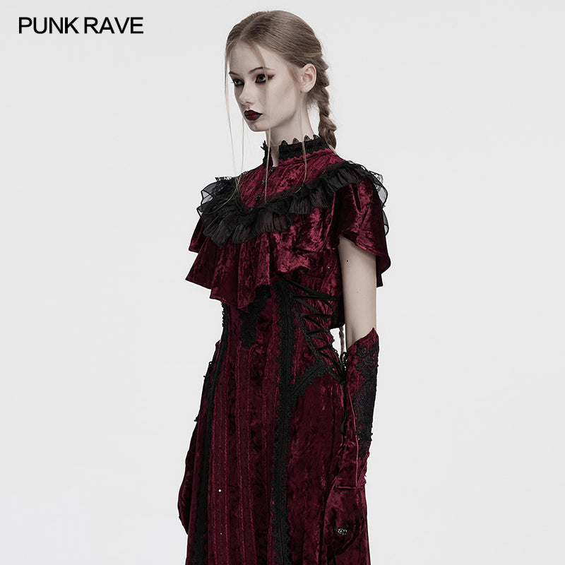 Punk Rave Elysia Velvet Ruffle Goth Shawl – Crimson Red & Black
