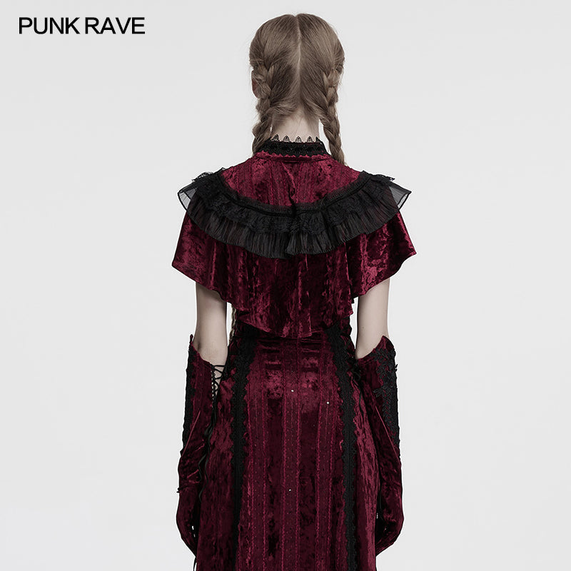 Punk Rave Elysia Velvet Ruffle Goth Shawl – Crimson Red & Black