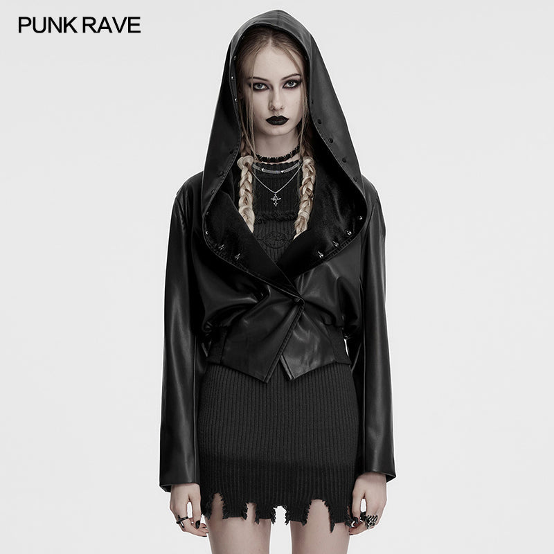 Punk Rave Nyx Hooded Faux Leather Jacket – Gothic Skull Studded Coat