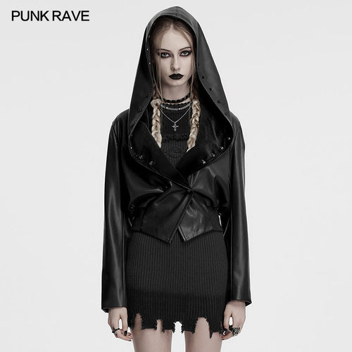 Punk Rave Nyx Hooded Faux Leather Jacket – Gothic Skull Studded Coat