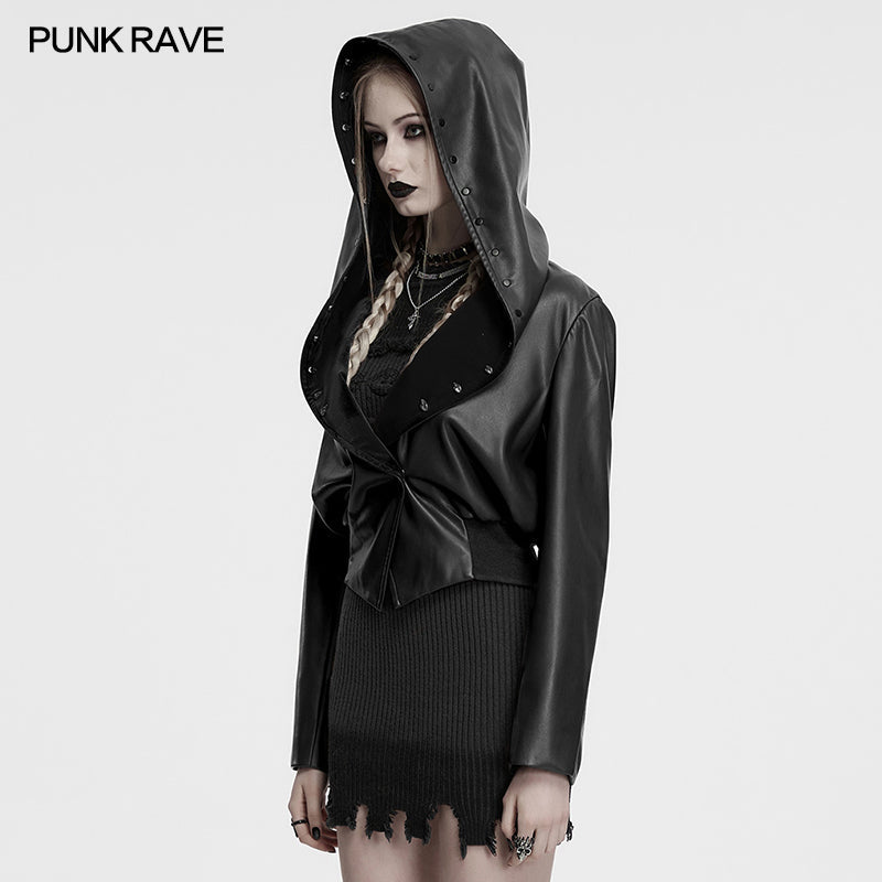Punk Rave Nyx Hooded Faux Leather Jacket – Gothic Skull Studded Coat