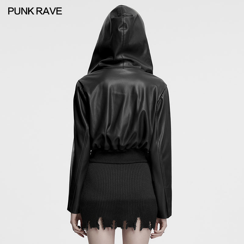 Punk Rave Nyx Hooded Faux Leather Jacket – Gothic Skull Studded Coat