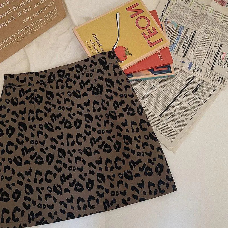 Leopard Print Mini Skirt – High Waist A-Line – Built-In Shorts