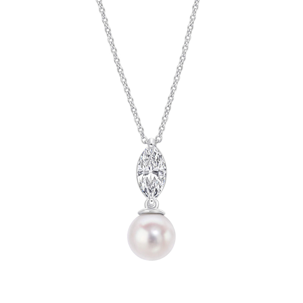 Gecko Jewellery Marquise Zirconia & Pearl Drop Pendant - Sterling Silver