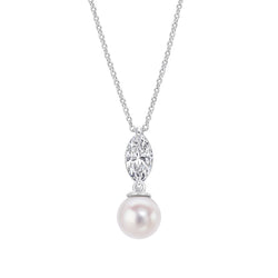 Gecko Jewellery Marquise Zirconia & Pearl Drop Pendant - Sterling Silver