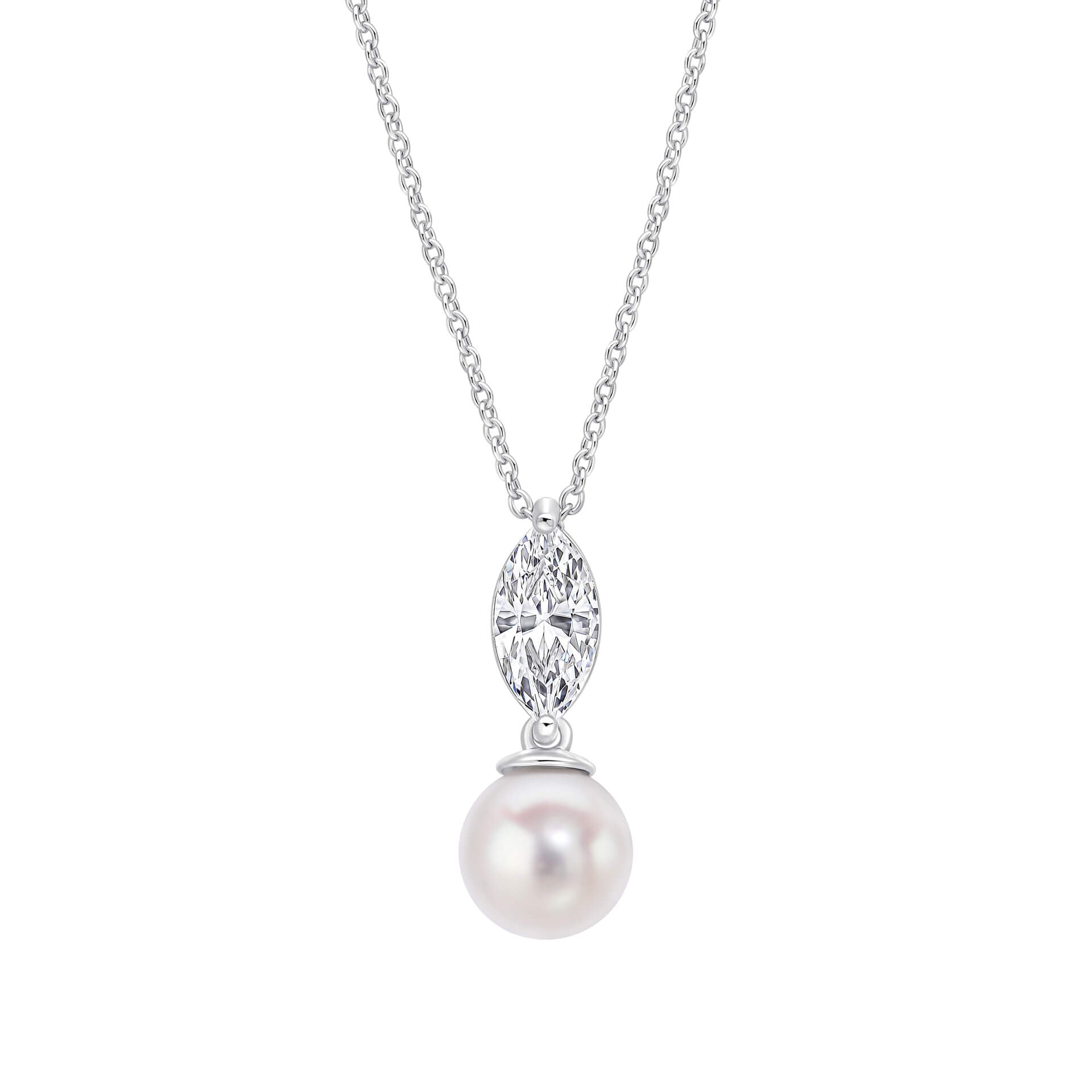 Gecko Jewellery Marquise Zirconia & Pearl Drop Pendant - Sterling Silver