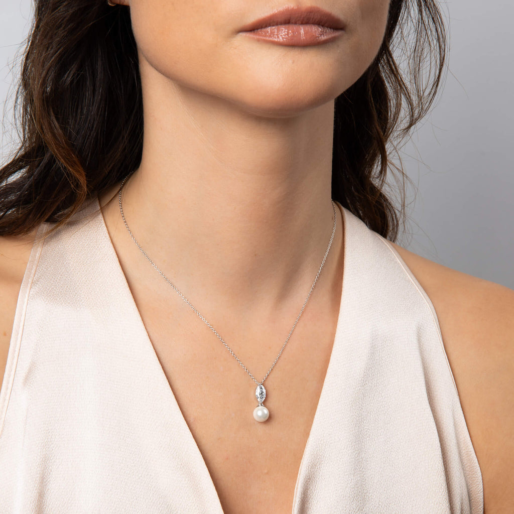 Gecko Jewellery Marquise Zirconia & Pearl Drop Pendant - Sterling Silver
