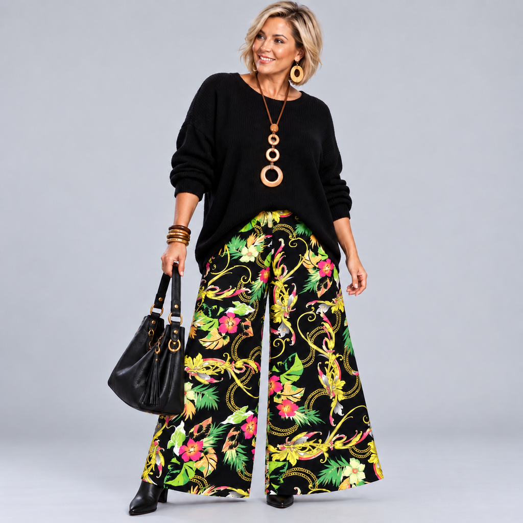 Black Yellow Tropical High Waist Palazzo Trousers