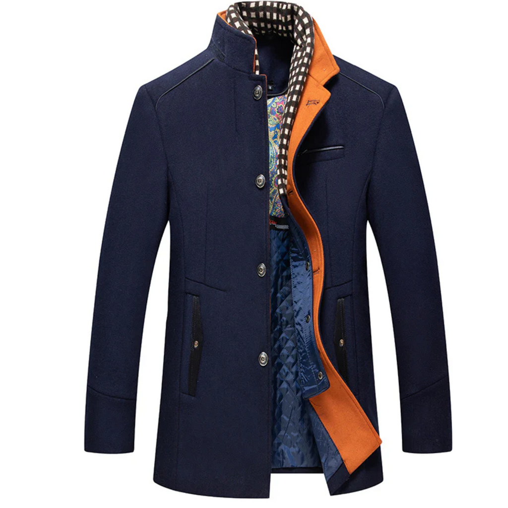 Biutimarden Men's Navy Blue Wool Winter Coat with Scarf | Size M